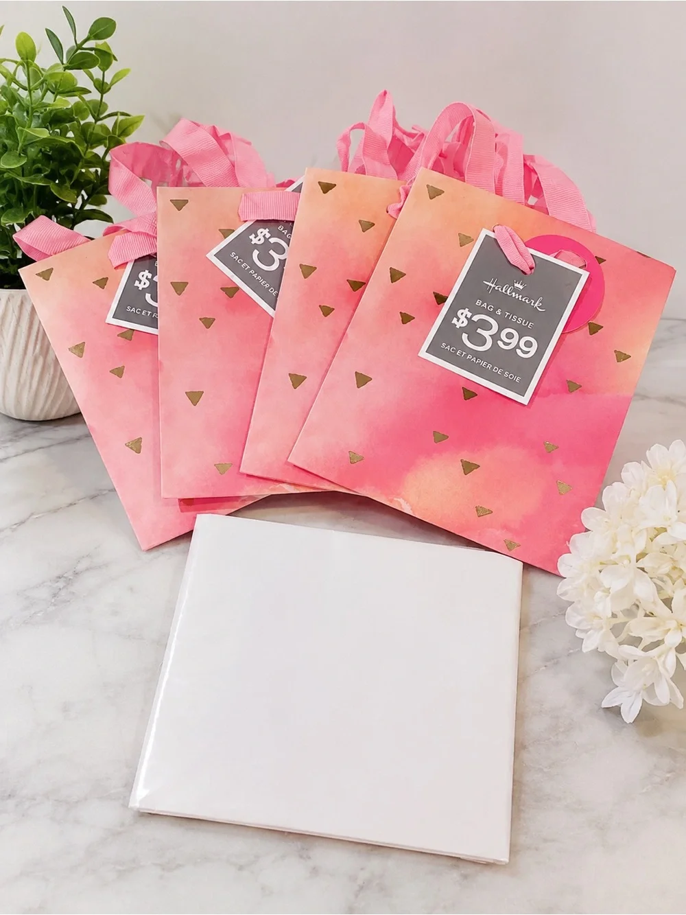 Hallmark Pink to Coral Ombre Gift Bags with Gold Triangle Accents - Set of 4